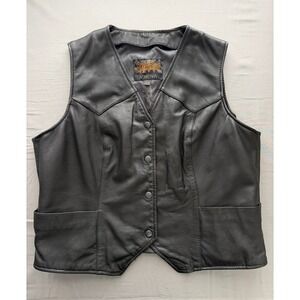 Street & Steel Athena Womens XL Black Leather Motorcycle Biker Vest Skull Lining